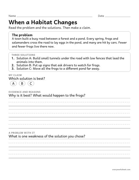Preview of the printable “When the environment Changes: claim and evidence” worksheet: making a claim about the merit of a solution to a problem caused when the environment changes
