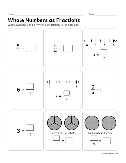Preview of the printable “Whole numbers as fractions” worksheet: writing whole numbers as fractions, such as 3 = 3/1, 4/4 = 1 and 8/4 = 2