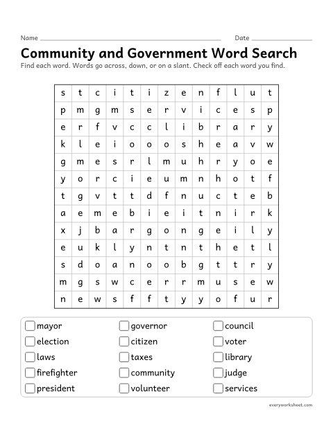 Preview of the printable “Community and government word search” worksheet: reading and finding community and government words (mayor, citizen, election)
