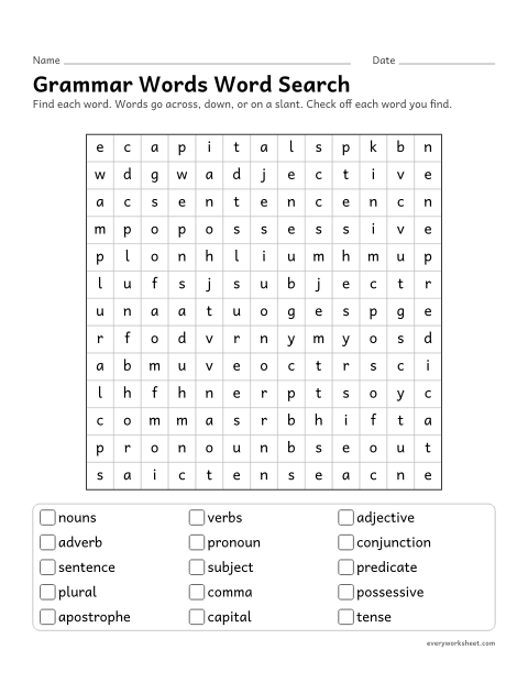 Preview of the printable “Grammar words word search” worksheet: reading and finding grammar words (noun, adverb, conjunction)