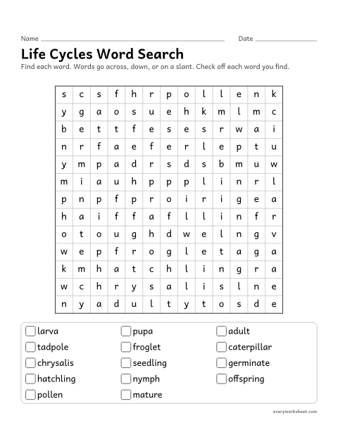 Preview of the printable “Life cycles word search” worksheet: reading and finding life cycle words (larva, chrysalis, germinate)