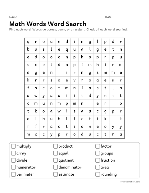 Preview of the printable “Math words word search” worksheet: reading and finding math words (product, quotient, perimeter)