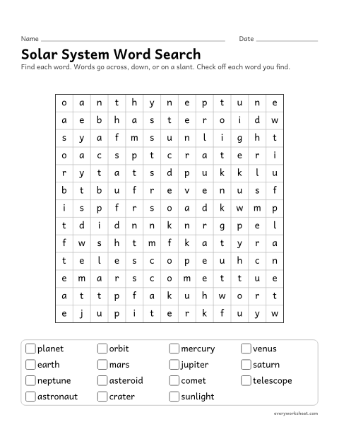 Preview of the printable “Solar system word search” worksheet: reading and finding solar system words (orbit, asteroid, telescope)
