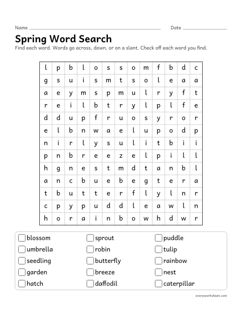 Preview of the printable “Spring word search” worksheet: reading and finding spring words (blossom, seedling, daffodil)