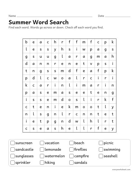 Preview of the printable “Summer word search” worksheet: reading and finding summer words (vacation, sunscreen, sprinkler)