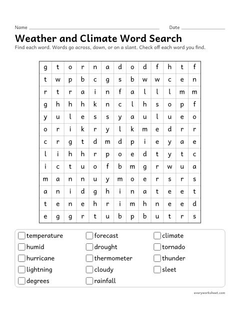 Preview of the printable “Weather and climate word search” worksheet: reading and finding weather and climate words (forecast, drought, thermometer)