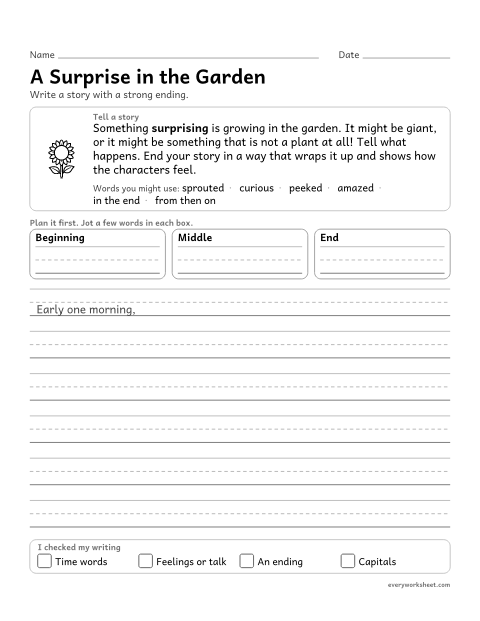Preview of the printable “A surprise in the garden” worksheet: writing an imagined story that ends with a clear sense of closure