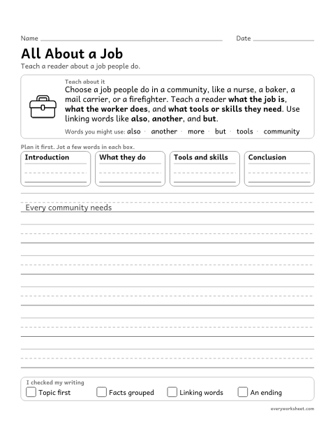 Preview of the printable “All about a job” worksheet: using linking words to connect facts in an informative piece