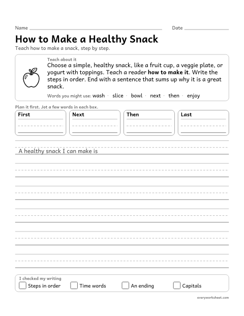 Preview of the printable “How to make a healthy snack” worksheet: writing a how-to piece with steps in order and a concluding statement