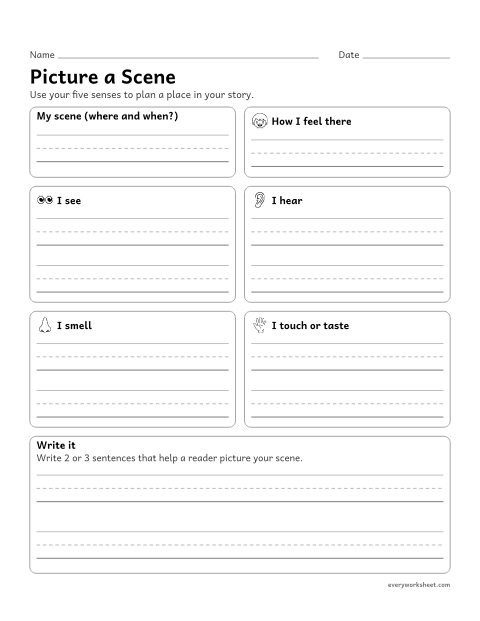 Preview of the printable “Picture a scene” worksheet: planning sensory details to describe a scene in a story