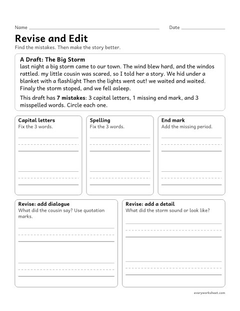 Preview of the printable “Revise and edit” worksheet: editing a draft for capitals, end marks, and spelling, then revising it with dialogue and details