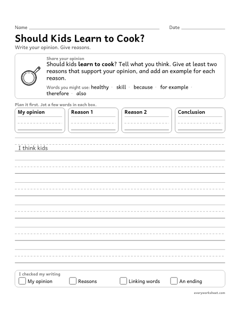 Preview of the printable “Should kids learn to Cook?” worksheet: giving reasons that support an opinion
