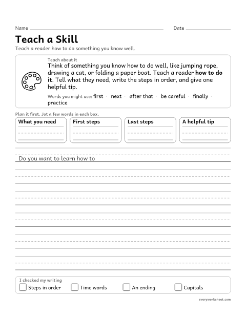 Preview of the printable “Teach a skill” worksheet: writing a how-to piece with materials, steps in order, and a closing tip
