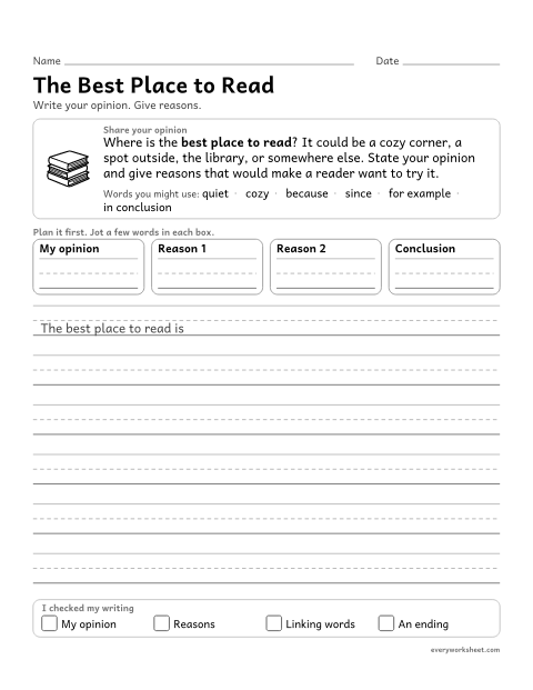 Preview of the printable “The best place to read” worksheet: writing an opinion with reasons and a conclusion