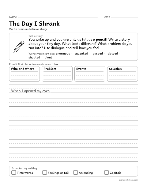 Preview of the printable “The day I shrank” worksheet: using dialogue, description, and feelings in an imagined story