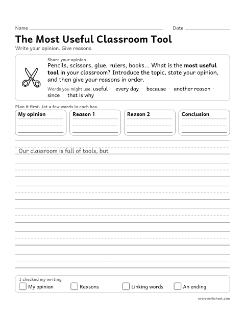Preview of the printable “The most useful classroom tool” worksheet: introducing the topic, stating an opinion, and listing reasons in order