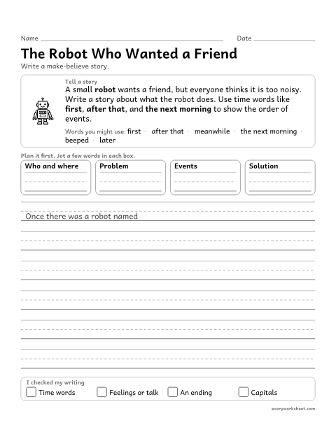 Preview of the printable “The robot who wanted a friend” worksheet: using time words to show the order of events in an imagined story