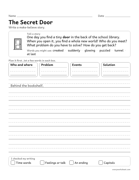 Preview of the printable “The secret door” worksheet: planning an imagined story with characters, a setting, a problem, and a solution