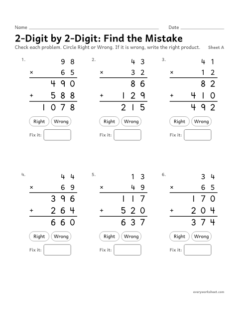 Preview of the printable “2-Digit by 2-Digit: find the Mistake, sheet A” worksheet: finding mistakes in 2-digit by 2-digit multiplication