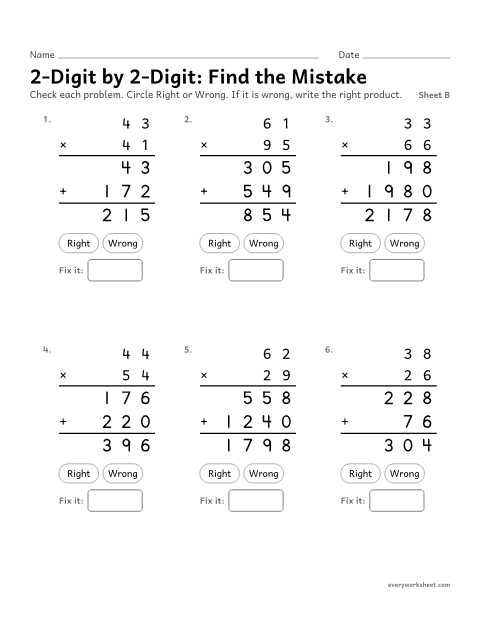 Preview of the printable “2-Digit by 2-Digit: find the Mistake, sheet B” worksheet: finding mistakes in 2-digit by 2-digit multiplication