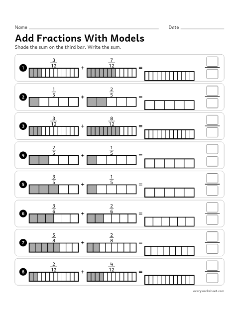 Preview of the printable “Add fractions with models” worksheet: adding fractions with like denominators by joining shaded parts of the same whole