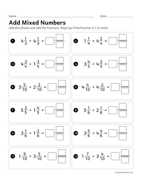 Preview of the printable “Add mixed numbers” worksheet: adding mixed numbers with like denominators, regrouping when the fractions make more than 1