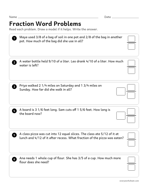 Preview of the printable “Fraction word problems” worksheet: solving word problems by adding and subtracting fractions and mixed numbers with like denominators