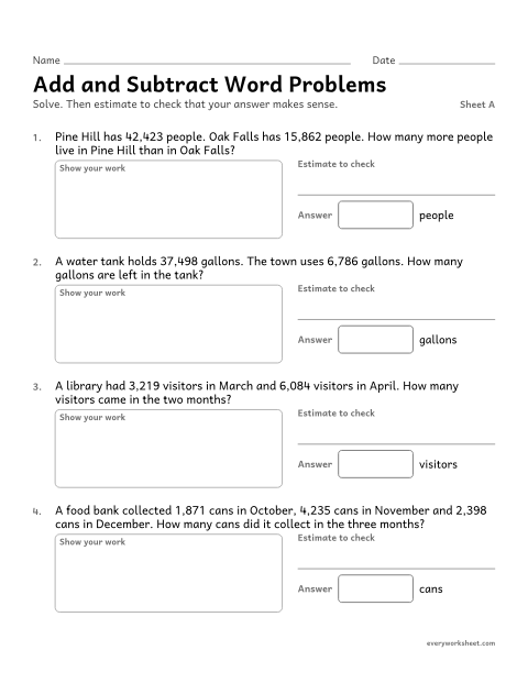 Preview of the printable “Add and subtract word Problems, sheet A” worksheet: adding and subtracting multi-digit numbers in stories