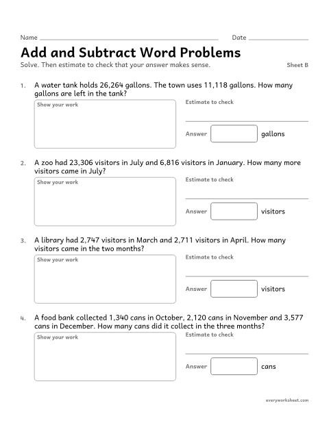 Preview of the printable “Add and subtract word Problems, sheet B” worksheet: adding and subtracting multi-digit numbers in stories
