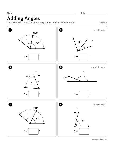 Preview of the printable “Adding Angles, sheet A” worksheet: adding and subtracting angle measures when an angle is split into parts
