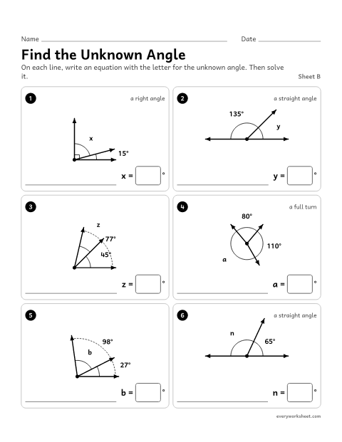 Preview of the printable “Find the unknown Angle, sheet B” worksheet: writing an equation with a letter for the unknown angle in right angles, straight angles and full turns