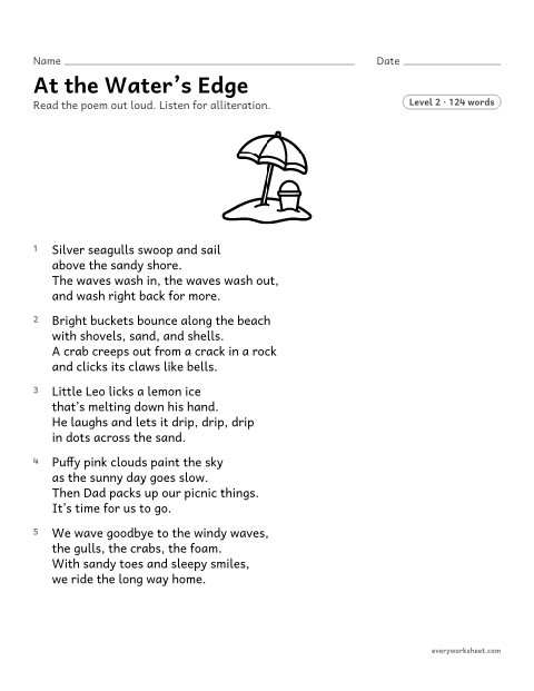 Preview of the printable “At the Water's edge” worksheet: finding alliteration in a poem and explaining how it adds rhythm and sound