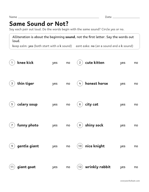 Preview of the printable “Same sound or Not?” worksheet: hearing whether two words begin with the same sound, even when the letters differ