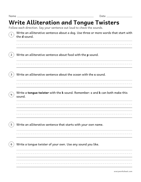 Preview of the printable “Write alliteration and tongue twisters” worksheet: writing original alliterative sentences and tongue twisters