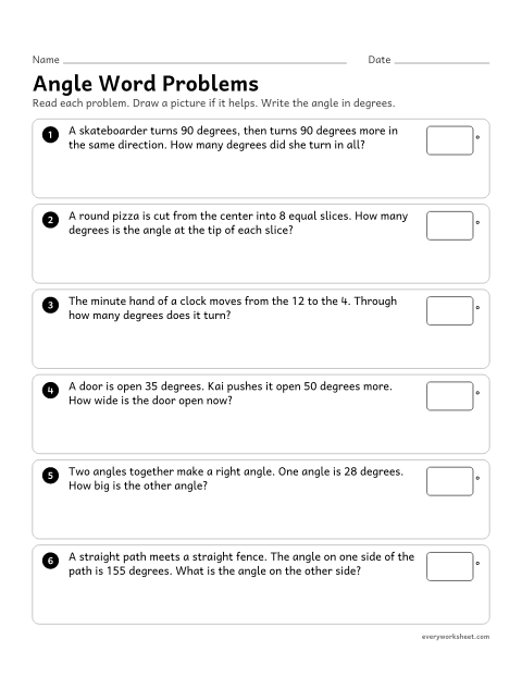 Preview of the printable “Angle word problems” worksheet: solving word problems with turns, clocks and angles that add up to 90, 180 or 360 degrees