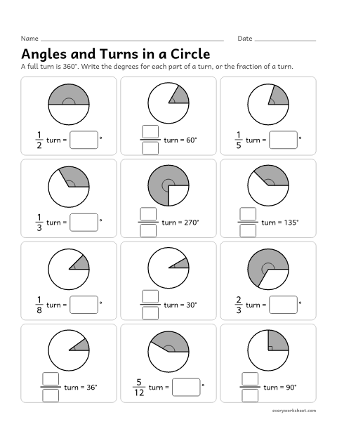 Preview of the printable “Angles and turns in a circle” worksheet: an angle as a turn through part of a circle: 1/4 turn is 90 degrees and a one-degree angle is 1/360 of a circle