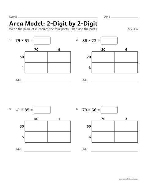 Preview of the printable “Area Model: 2-Digit by 2-Digit, sheet A” worksheet: multiplying two 2-digit numbers with an area model