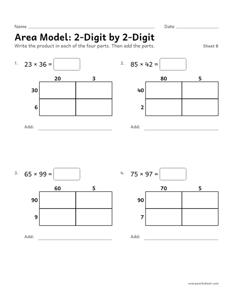 Preview of the printable “Area Model: 2-Digit by 2-Digit, sheet B” worksheet: multiplying two 2-digit numbers with an area model