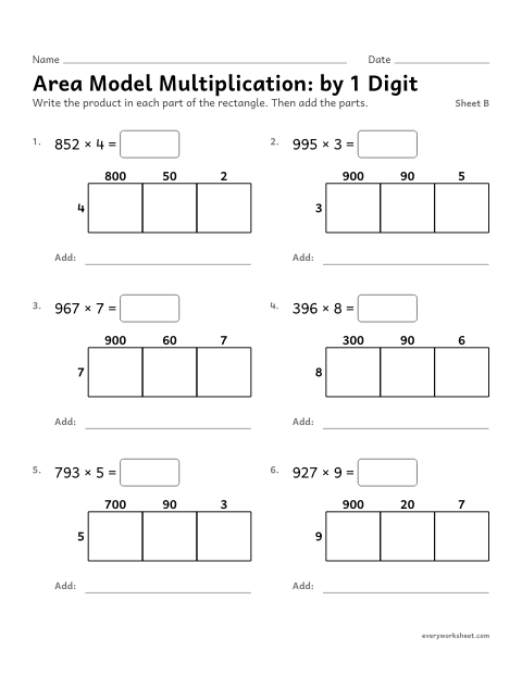 Preview of the printable “Area model Multiplication: by 1 Digit, sheet B” worksheet: multiplying with an area model (by a 1-digit number)