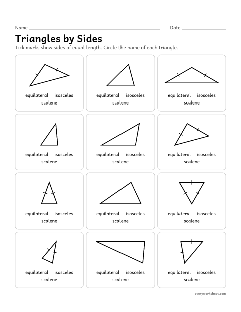 Preview of the printable “Triangles by sides” worksheet: naming triangles as equilateral, isosceles or scalene by their equal sides (tick marks show equal sides)