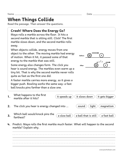 Preview of the printable “Collisions and energy reading passage for 4th grade” worksheet: explaining the energy changes that happen when objects collide