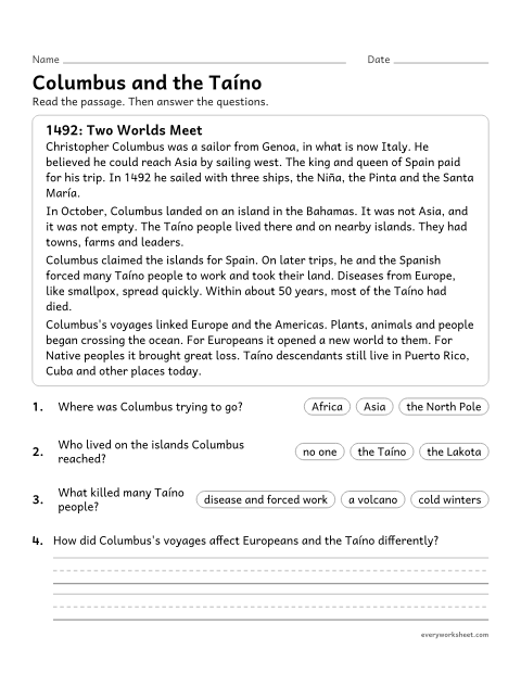 Preview of the printable “Christopher columbus reading passage for 4th grade” worksheet: describing Columbus's voyages and their effects on Native peoples