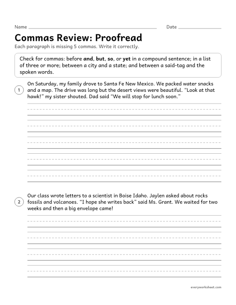 Preview of the printable “Commas Review: proofread” worksheet: editing for commas in compound sentences, lists, dialogue, and place names