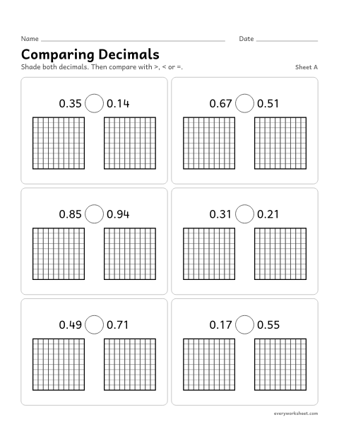 Preview of the printable “Comparing Decimals, sheet A” worksheet: comparing decimals to hundredths by shading 10 by 10 grids for the same whole