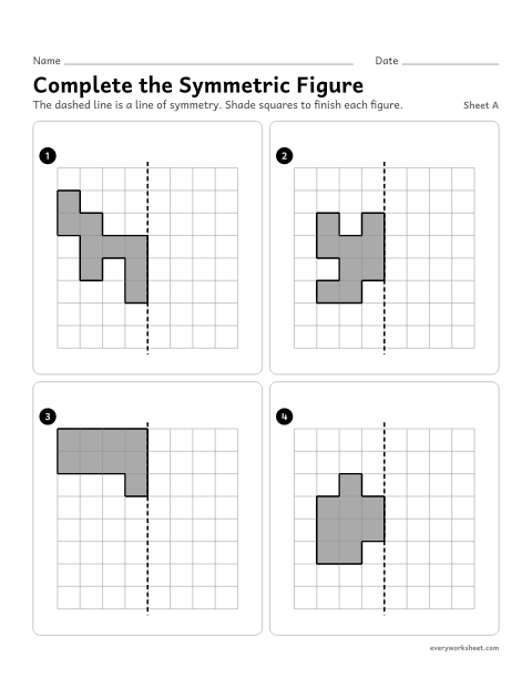 Preview of the printable “Complete the symmetric Figure, sheet A” worksheet: shading squares to complete figures that are symmetric about a vertical line
