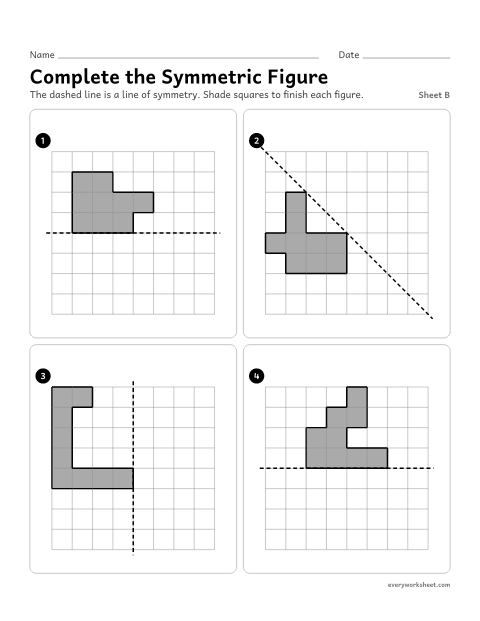 Preview of the printable “Complete the symmetric Figure, sheet B” worksheet: completing figures that are symmetric about horizontal and diagonal lines of symmetry