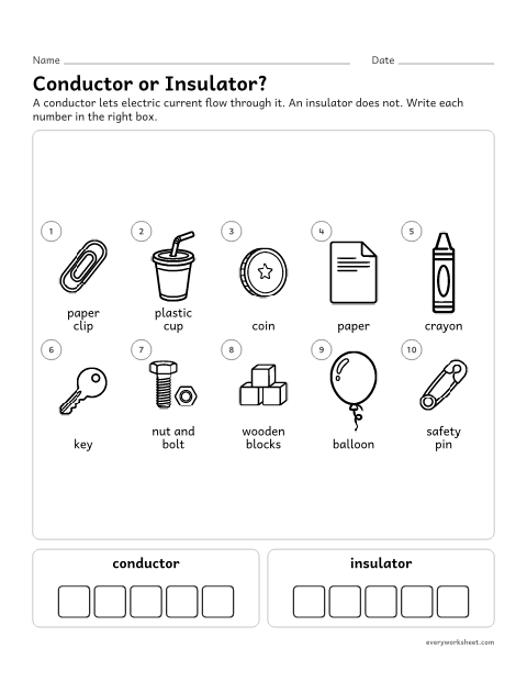 Preview of the printable “Conductors and insulators worksheet (No Cutting)” worksheet: sorting materials that let electric current flow and materials that do not