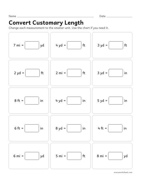 Preview of the printable “Convert customary length” worksheet: changing miles, yards and feet into smaller units: feet, yards and inches