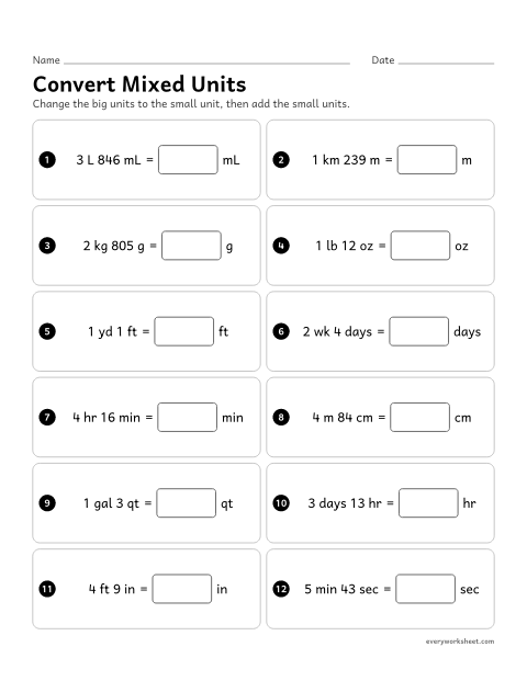 Preview of the printable “Convert mixed units” worksheet: changing measurements in two units, like 3 ft 5 in or 2 hr 15 min, into the smaller unit