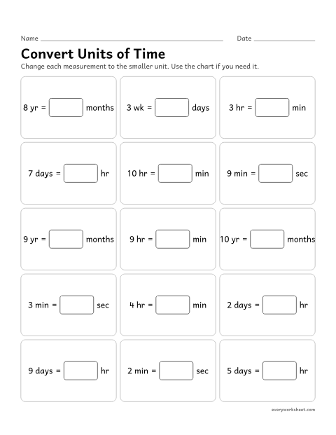 Preview of the printable “Convert units of time” worksheet: changing hours to minutes, minutes to seconds, days to hours, weeks to days and years to months